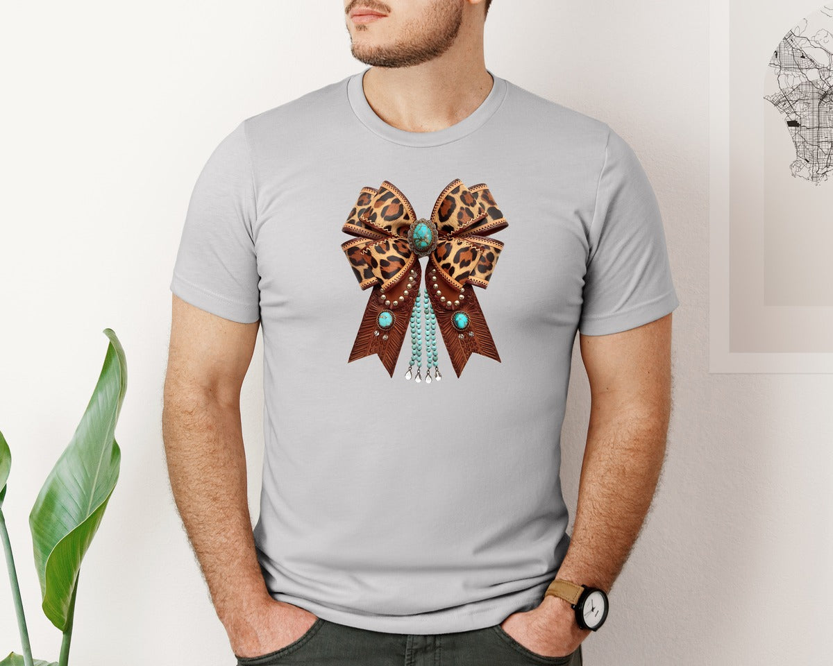 brand:Bella Canvas|color:Sports Grey / Athletic Heather|Western Leopard Bow Bohemian Coquette Graphic T-Shirt