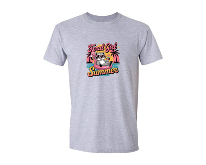 brand:Generic|color:Sports Grey / Athletic Heather|Funny Raccoon Feral Girl Summer Graphic T-Shirt