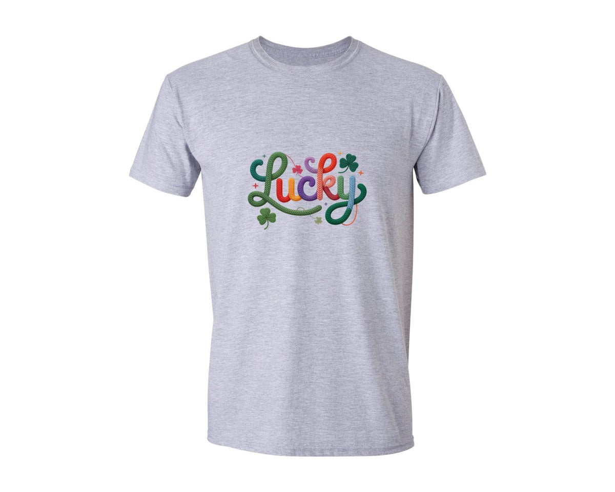 brand:Generic|color:Sports Grey / Athletic Heather|Faux Yarn Lucky Script Shamrock Graphic T-Shirt