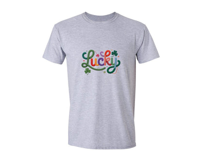 brand:Generic|color:Sports Grey / Athletic Heather|Faux Yarn Lucky Script Shamrock Graphic T-Shirt