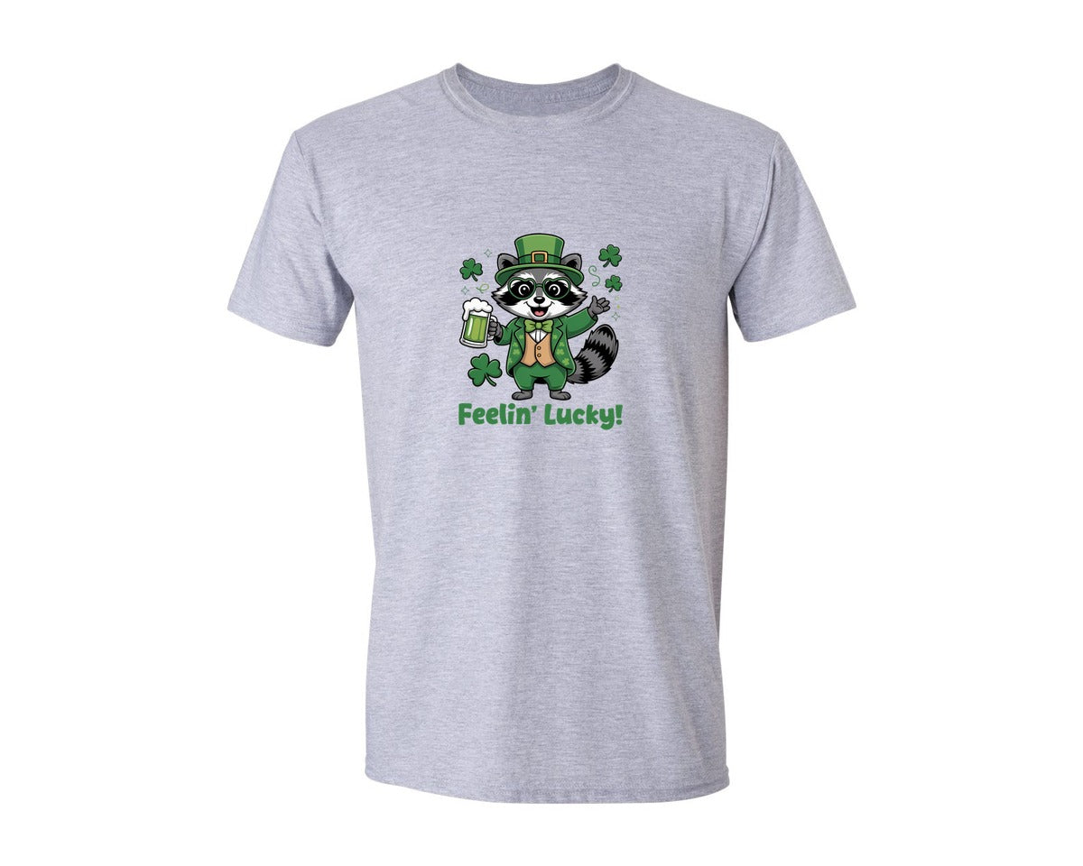 brand:Generic|color:Sports Grey / Athletic Heather|Feelin Lucky Raccoon Design Graphic T-Shirt