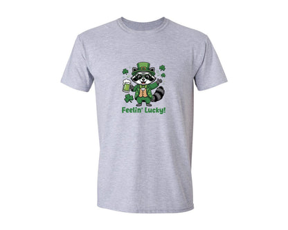 brand:Generic|color:Sports Grey / Athletic Heather|Feelin Lucky Raccoon Design Graphic T-Shirt