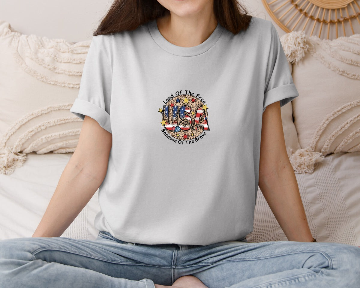 brand:Bella Canvas|color:Sports Grey / Athletic Heather|Usa Leopard Patriotic Graphic T-Shirt