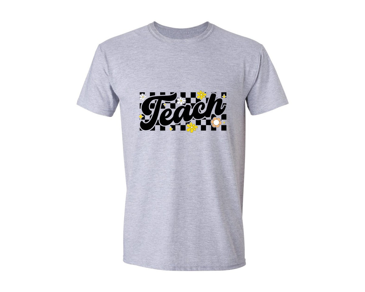 brand:Generic|color:Sports Grey / Athletic Heather|Teach Checkered Floral Teacher Graphic T-Shirt