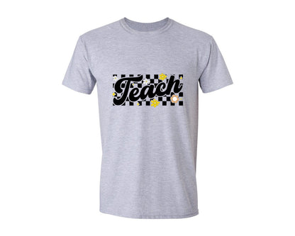 brand:Generic|color:Sports Grey / Athletic Heather|Teach Checkered Floral Teacher Graphic T-Shirt