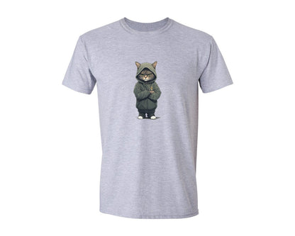 brand:Generic|color:Sports Grey / Athletic Heather|Cool Cat In Hoodie Cartoon Artwork Graphic T-Shirt