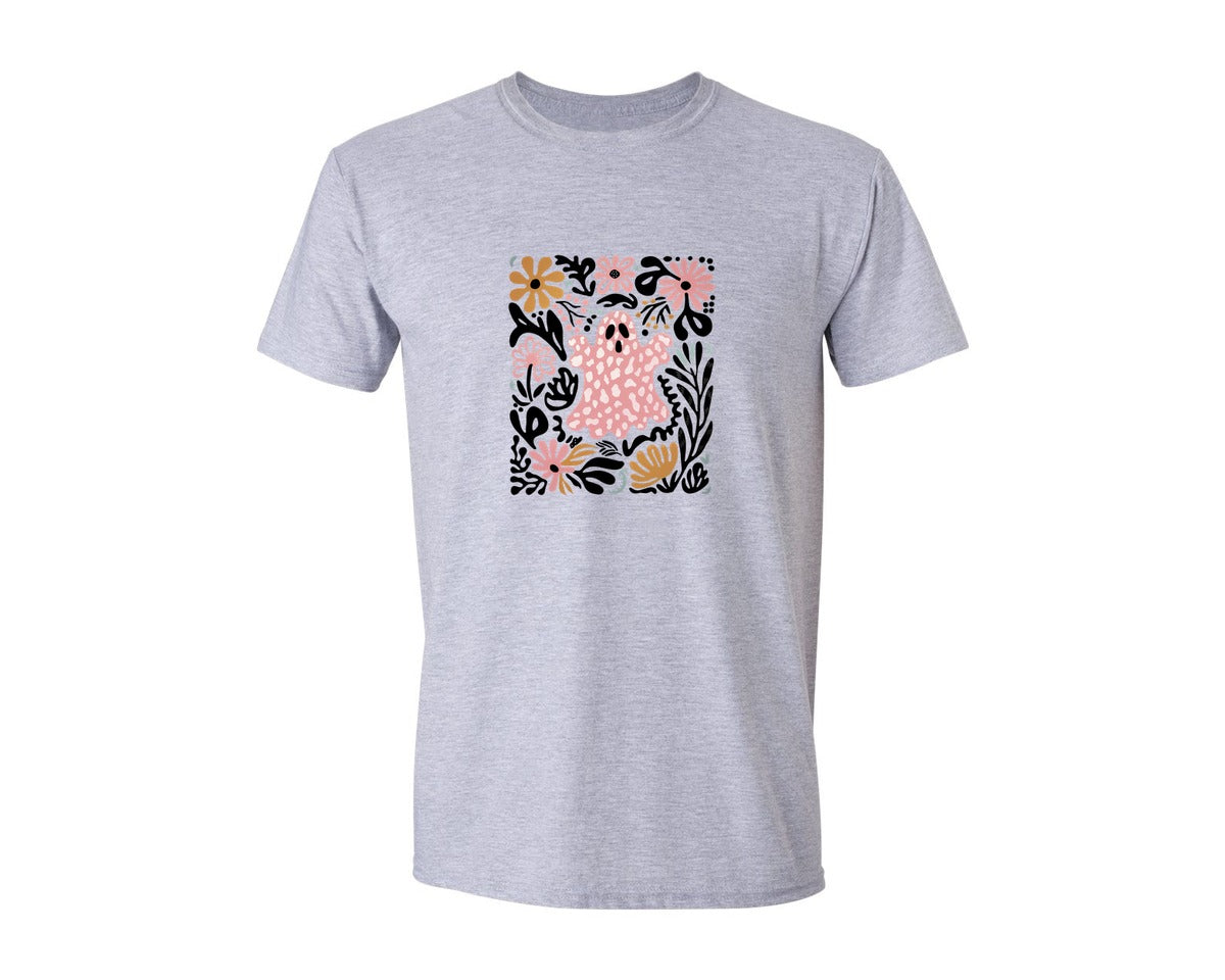 brand:Generic|color:Sports Grey / Athletic Heather|Floral Pink Ghost Boho Halloween 2 Graphic T-Shirt