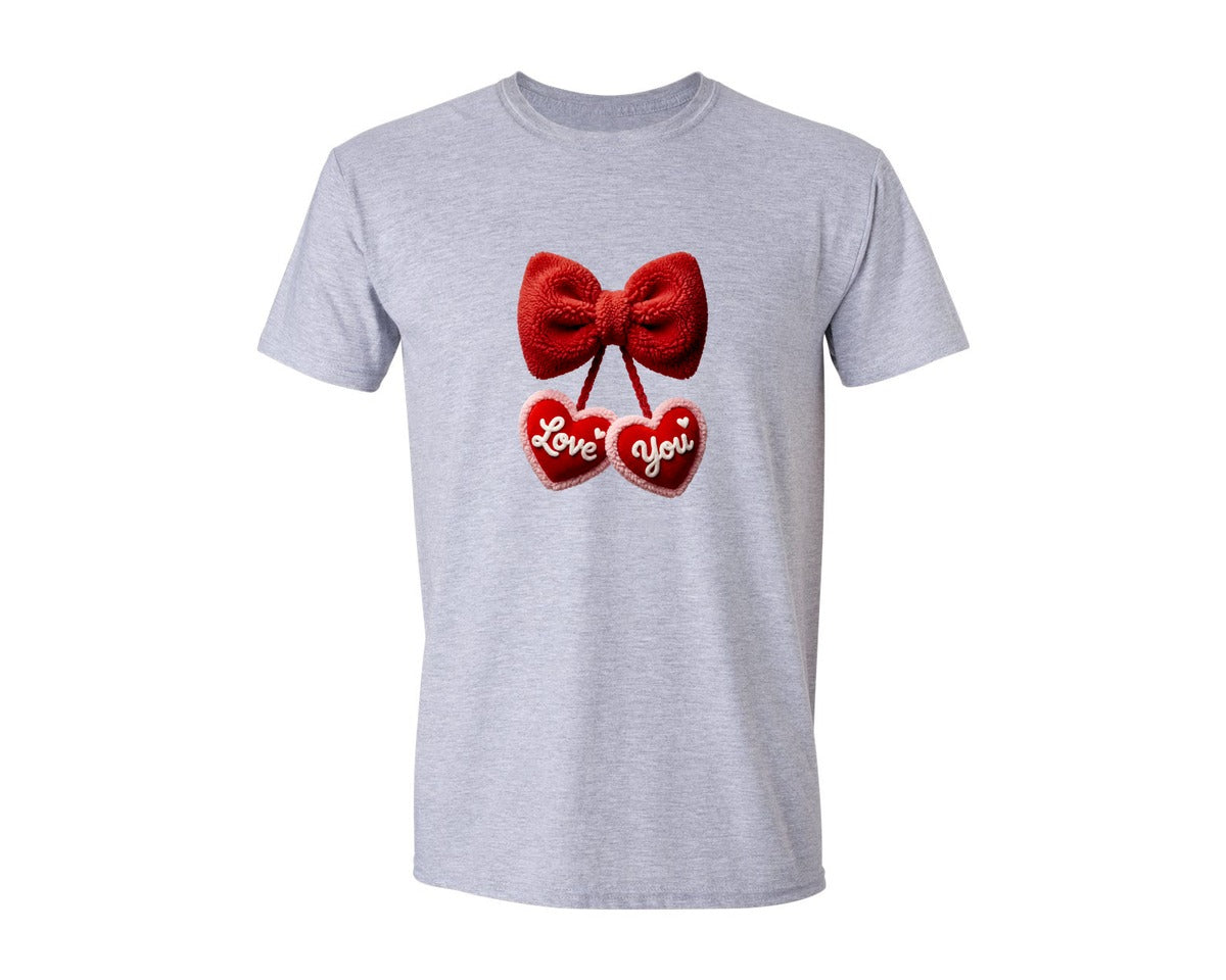 brand:Generic|color:Sports Grey / Athletic Heather|Fuzzy Bow With Love You Heart Decor Graphic T-Shirt