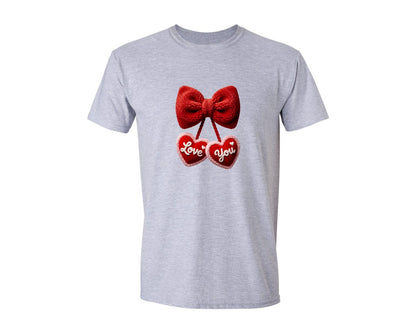 brand:Generic|color:Sports Grey / Athletic Heather|Fuzzy Bow With Love You Heart Decor Graphic T-Shirt