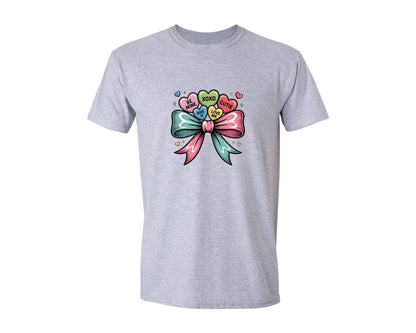 brand:Generic|color:Sports Grey / Athletic Heather|Cute Valentine Candy Hearts Bow Graphic T-Shirt