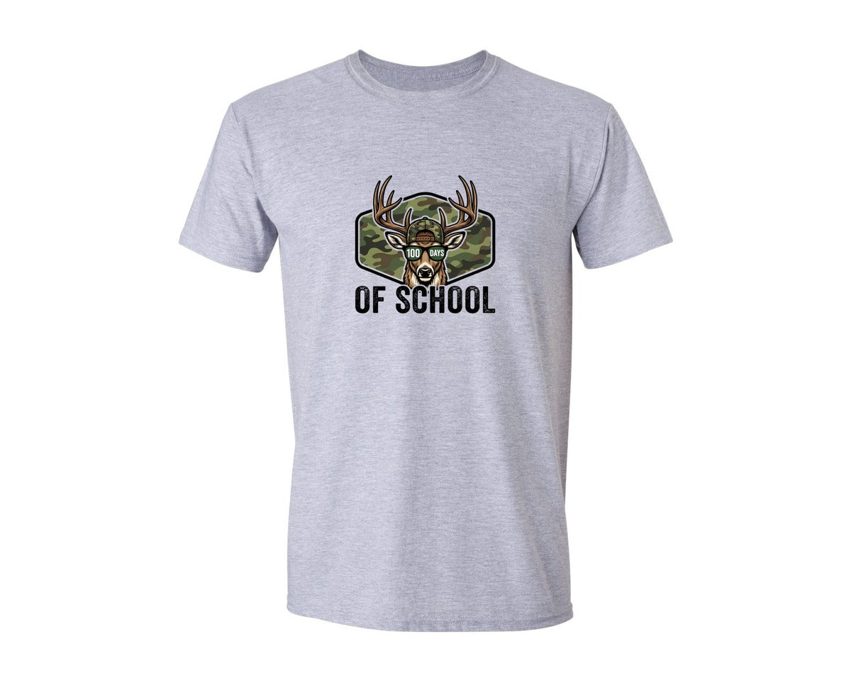 brand:Generic|color:Sports Grey / Athletic Heather|100 Days Of School Deer Camo Hunting Graphic T-Shirt