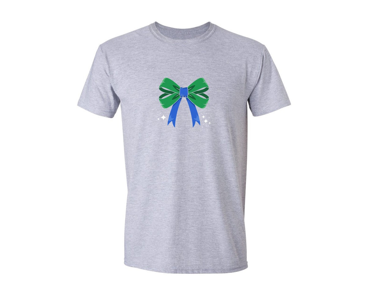brand:Generic|color:Sports Grey / Athletic Heather|Green And Blue Bow Cute Ribbon Graphic T-Shirt