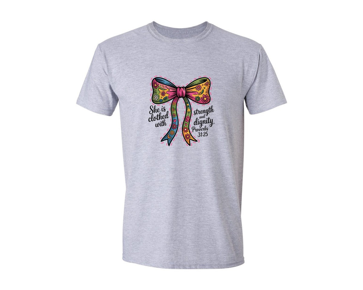 brand:Generic|color:Sports Grey / Athletic Heather|She Is Clothed With Strength Bow Graphic T-Shirt