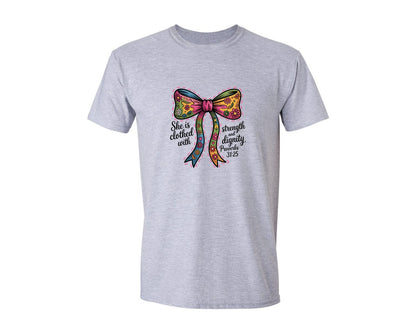 brand:Generic|color:Sports Grey / Athletic Heather|She Is Clothed With Strength Bow Graphic T-Shirt