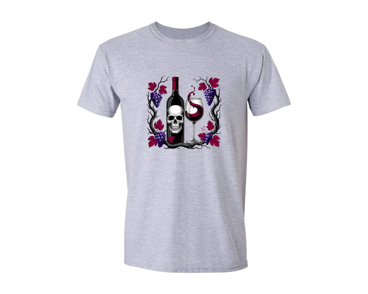 brand:Generic|color:Sports Grey / Athletic Heather|Skull With Wine Bottle Glass And Grape Graphic T-Shirt