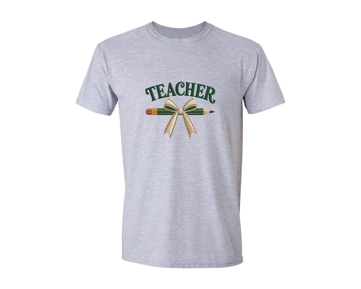 brand:Generic|color:Sports Grey / Athletic Heather|Knitted Bow Pencil Teacher Coquette Graphic T-Shirt