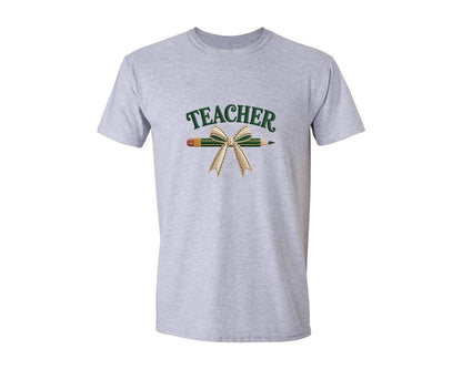 brand:Generic|color:Sports Grey / Athletic Heather|Knitted Bow Pencil Teacher Coquette Graphic T-Shirt
