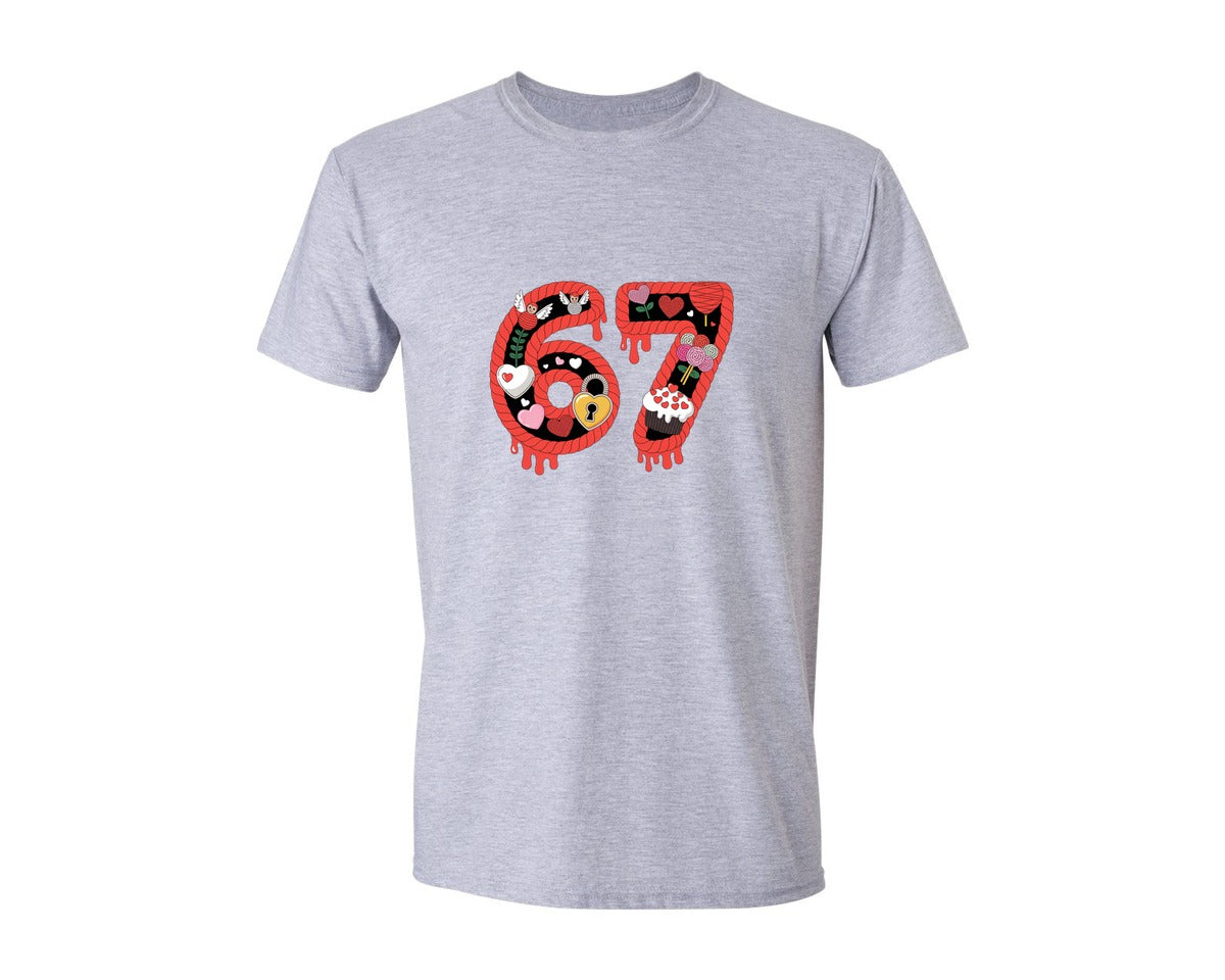 brand:Generic|color:Sports Grey / Athletic Heather|Knitted Valentine 67 Meme Hearts 3 Graphic T-Shirt