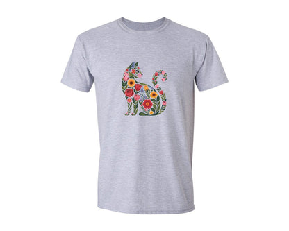 brand:Generic|color:Sports Grey / Athletic Heather|Folk Floral Cat Boho Animal Art Graphic T-Shirt