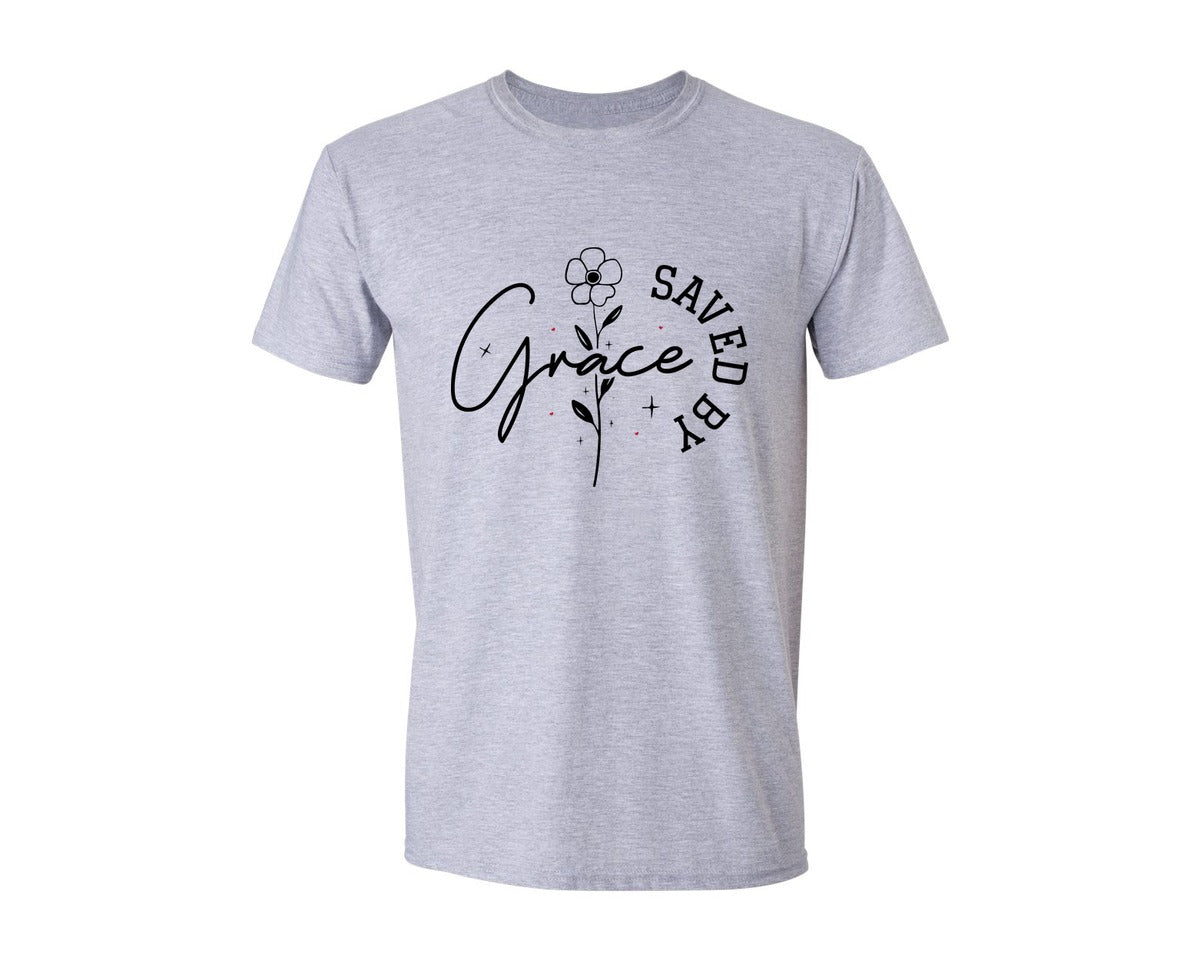 brand:Generic|color:Sports Grey / Athletic Heather|Saved By Grace Christian Graphic T-Shirt