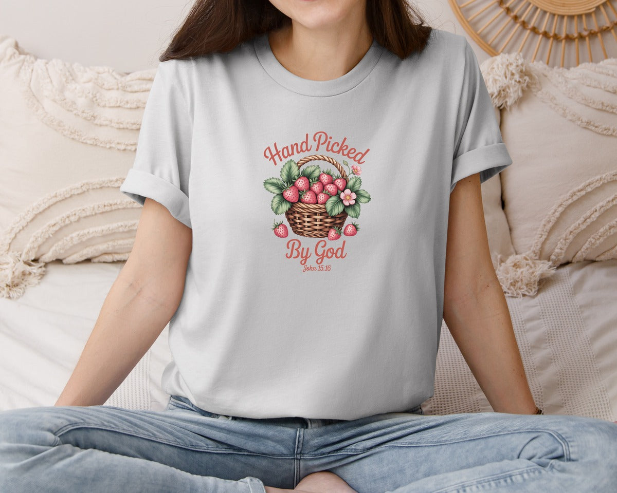 brand:Bella Canvas|color:Sports Grey / Athletic Heather|Hand Picked By God Strawberry Summer Graphic T-Shirt