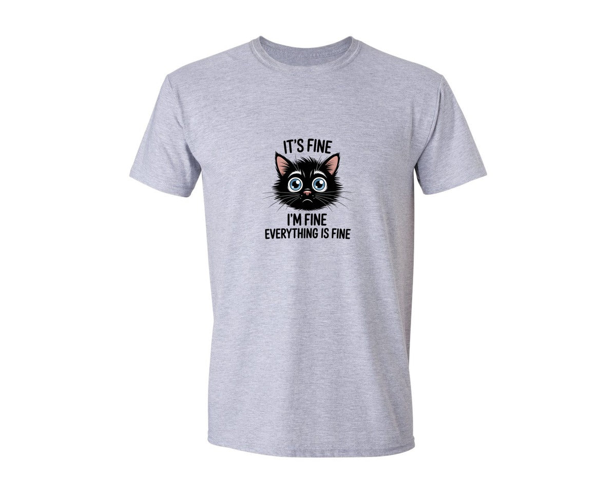 brand:Generic|color:Sports Grey / Athletic Heather|Funny Cat Its Fine Meme Graphic T-Shirt