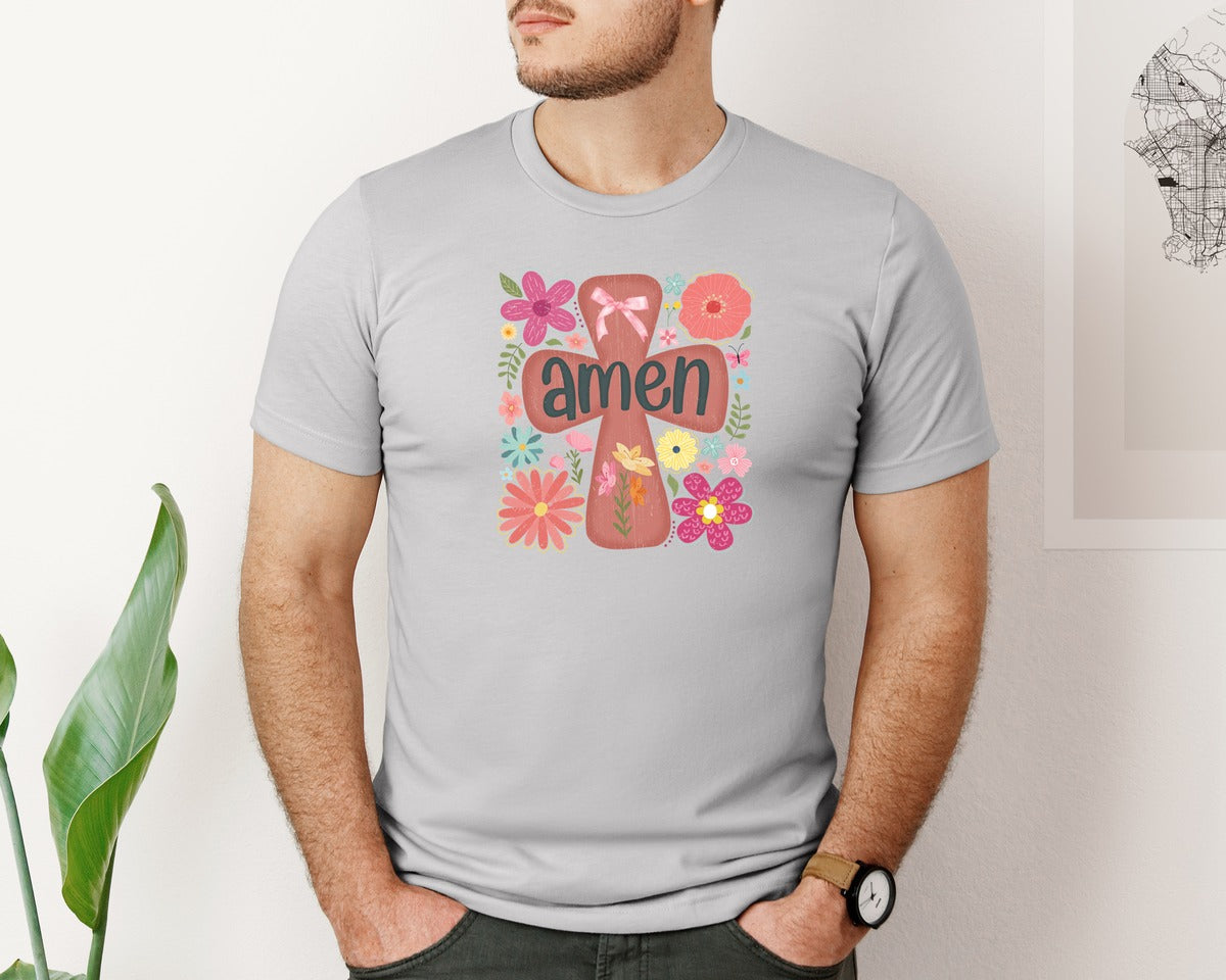 brand:Bella Canvas|color:Sports Grey / Athletic Heather|Boho Floral Amen Christian Graphic T-Shirt