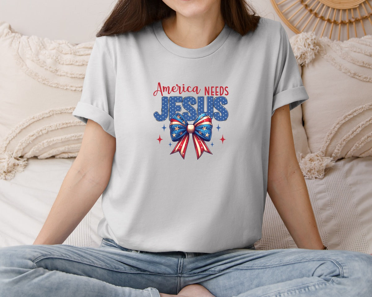 brand:Bella Canvas|color:Sports Grey / Athletic Heather|America Needs Jesus Coquette Jesus Graphic T-Shirt