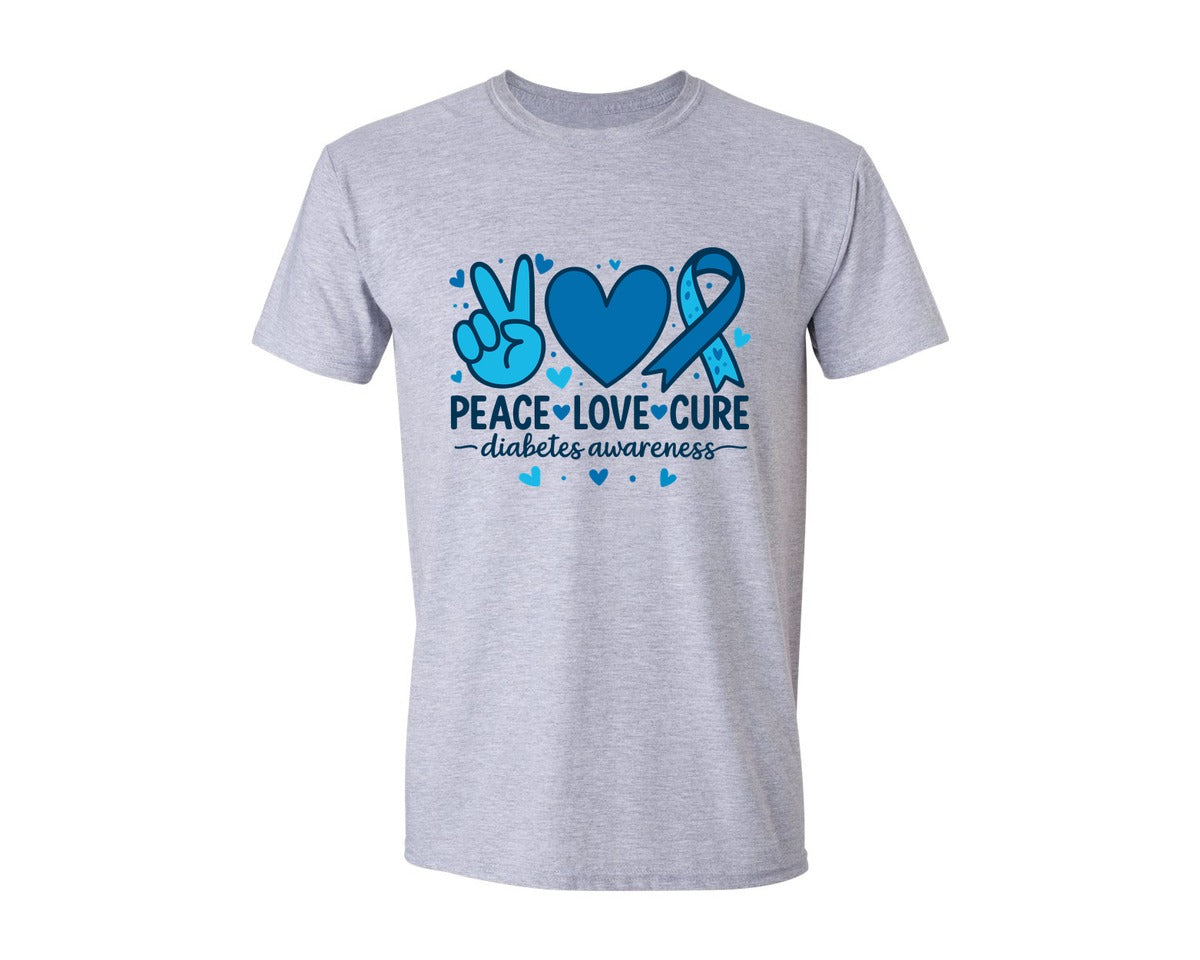 brand:Generic|color:Sports Grey / Athletic Heather|Peace Love Cure Diabetes Awareness 2 Graphic T-Shirt