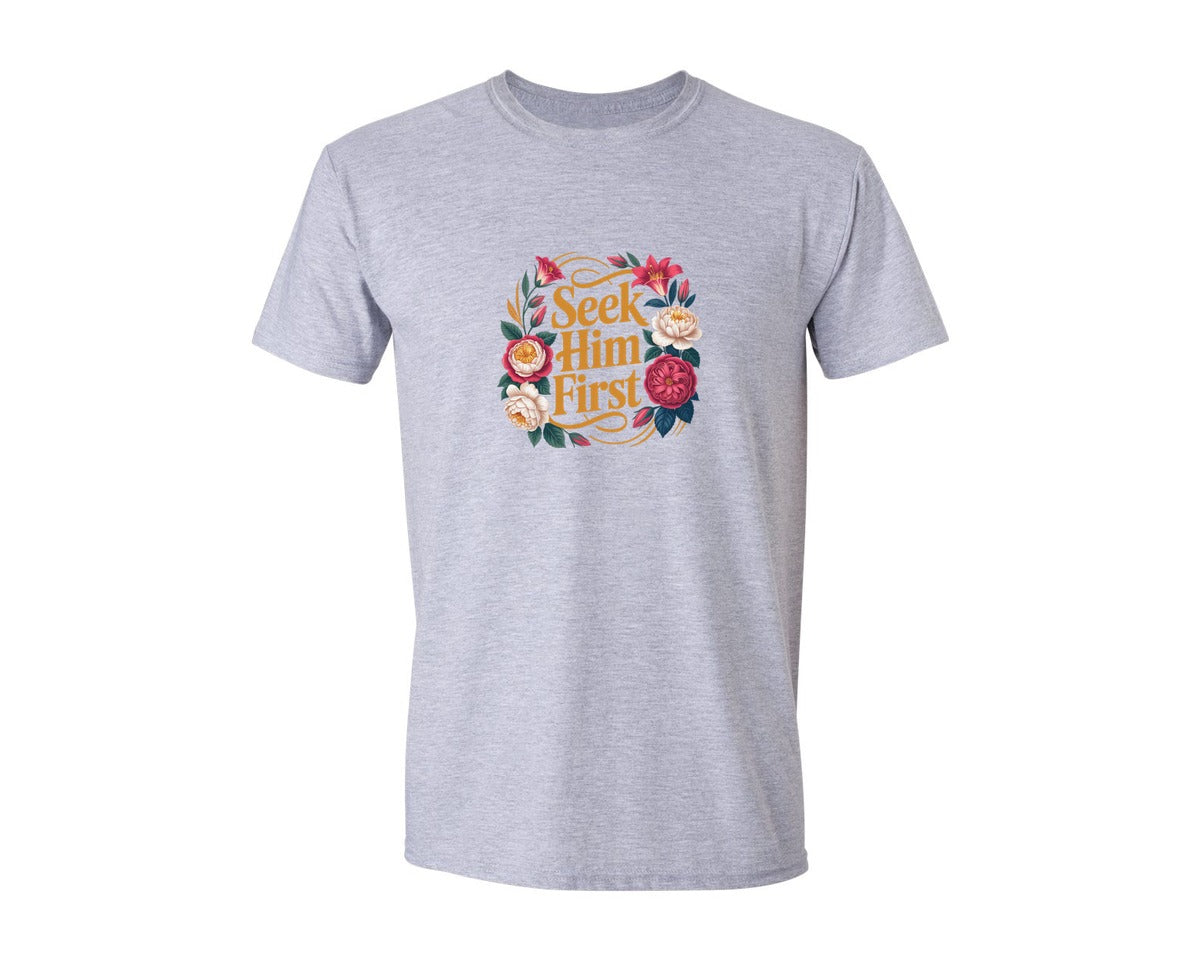 brand:Generic|color:Sports Grey / Athletic Heather|Seek Him First Floral Christian Graphic T-Shirt