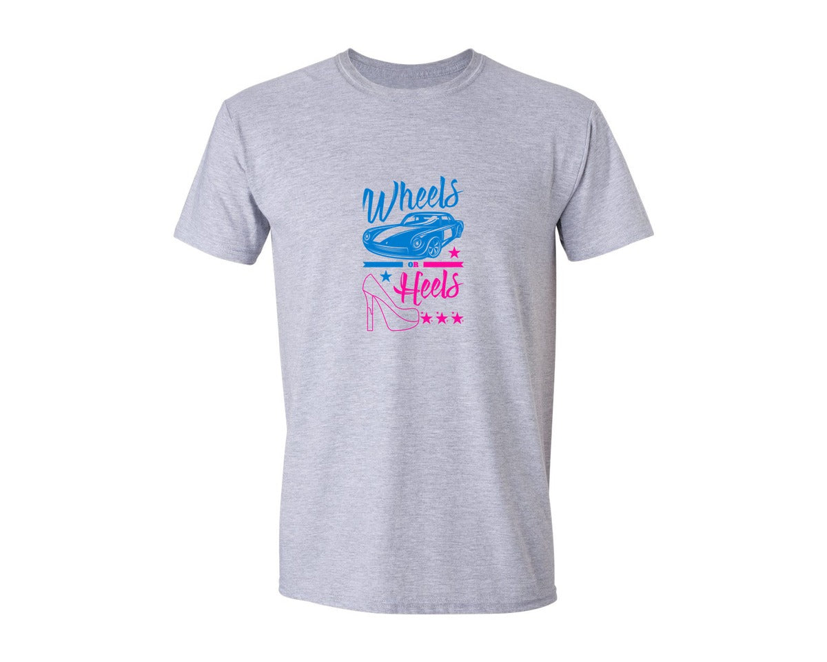 brand:Generic|color:Sports Grey / Athletic Heather|Wheels Or Heels Gender Reveal Shirts Graphic T-Shirt