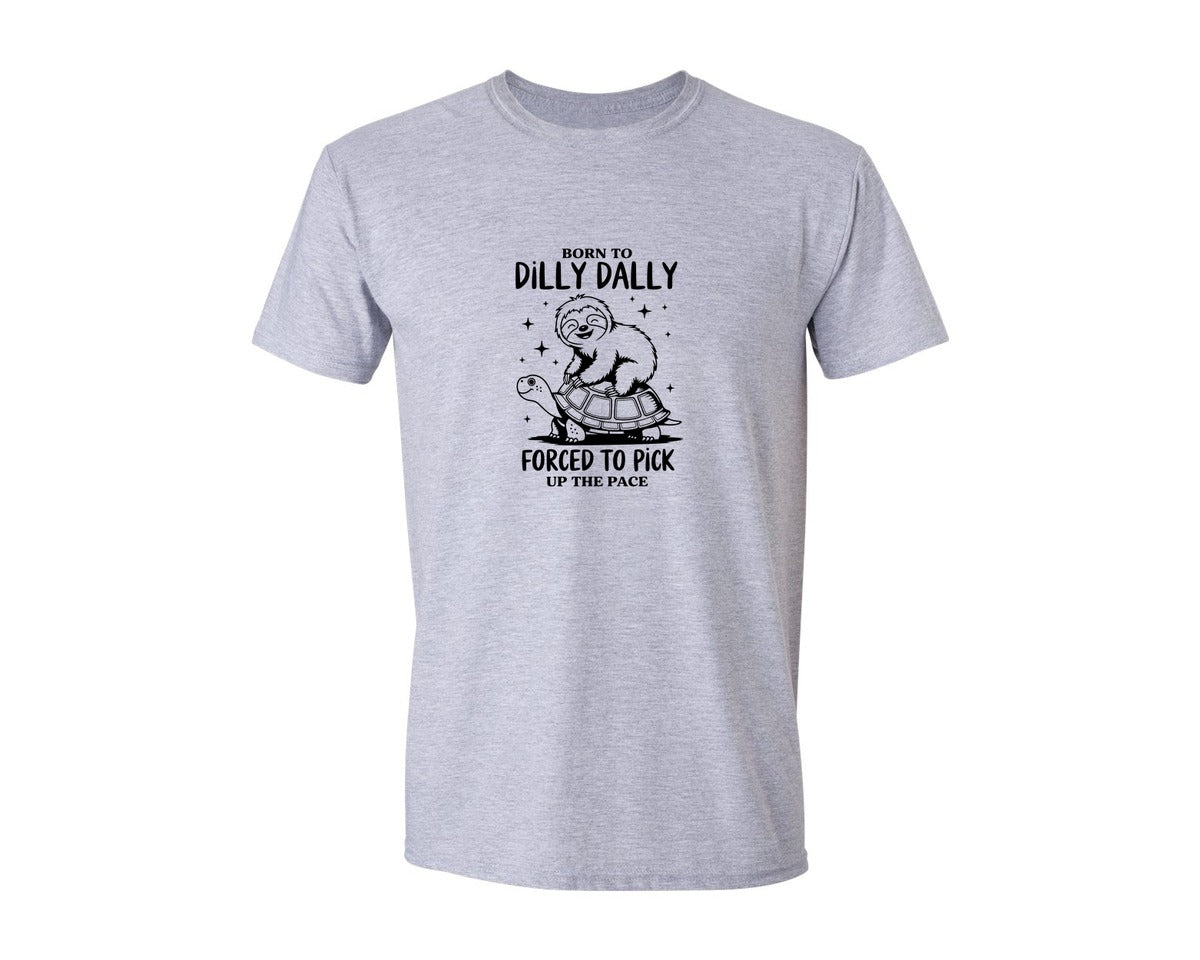 brand:Generic|color:Sports Grey / Athletic Heather|Born To Dilly Dally Funny Sloth Graphic T-Shirt