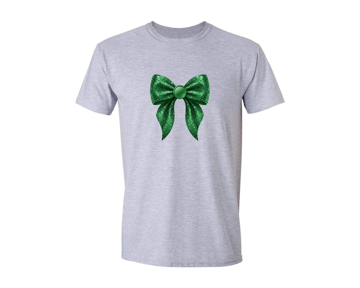brand:Generic|color:Sports Grey / Athletic Heather|Green Sequin Shamrock Bow Graphic T-Shirt