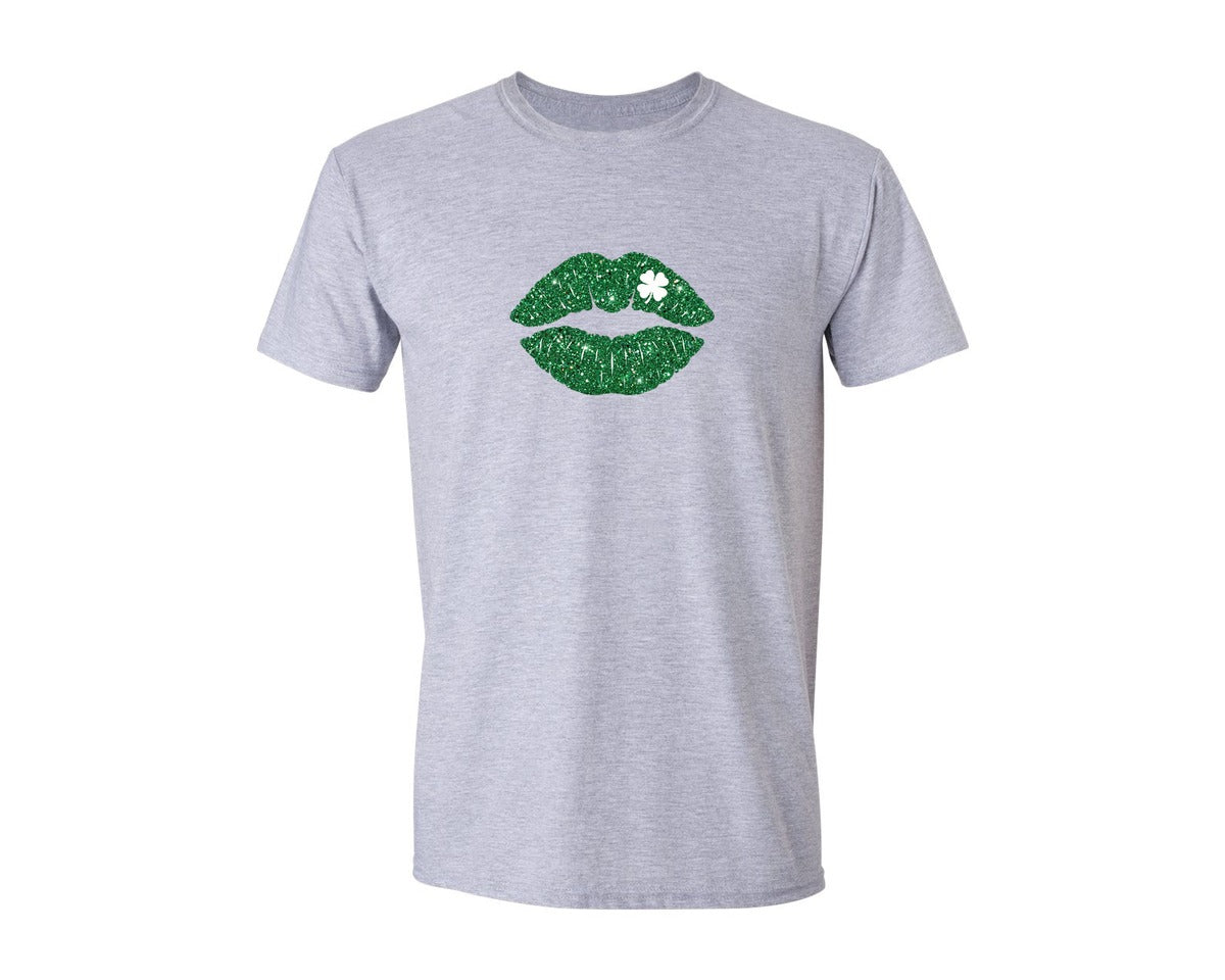 brand:Generic|color:Sports Grey / Athletic Heather|Green Glitter Lips St Patrick Graphic T-Shirt