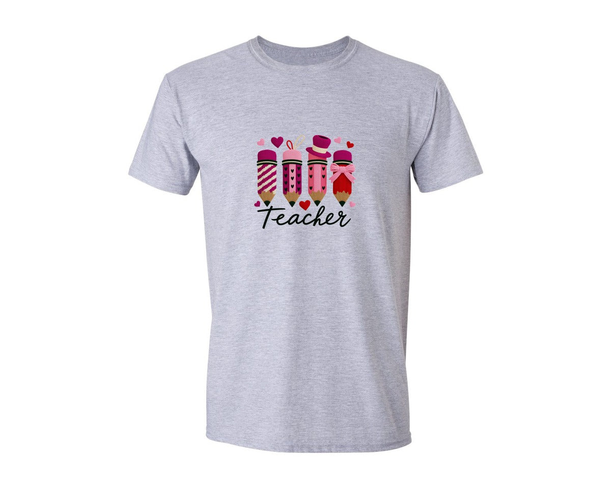brand:Generic|color:Sports Grey / Athletic Heather|Faux Yarn Pencil Teacher Graphic T-Shirt