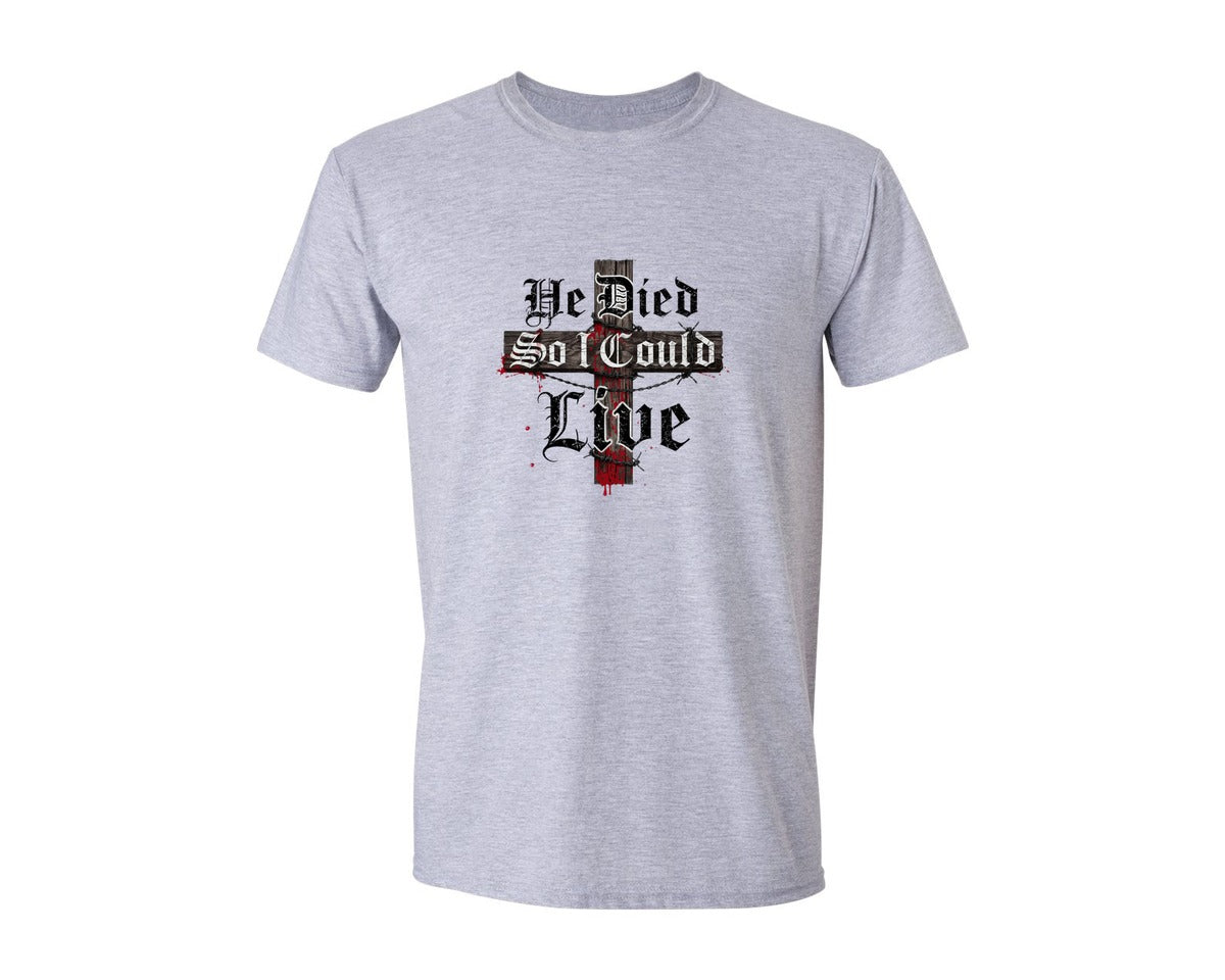 brand:Generic|color:Sports Grey / Athletic Heather|He Died So I Could Live Christian Graphic T-Shirt