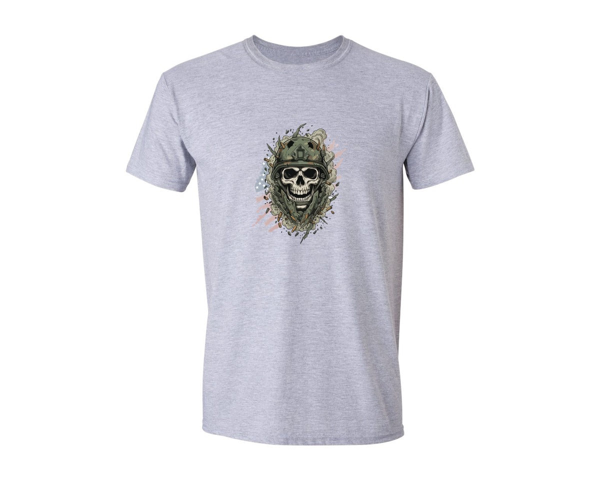 brand:Generic|color:Sports Grey / Athletic Heather|Skull In Military Helmet Illustration Graphic T-Shirt