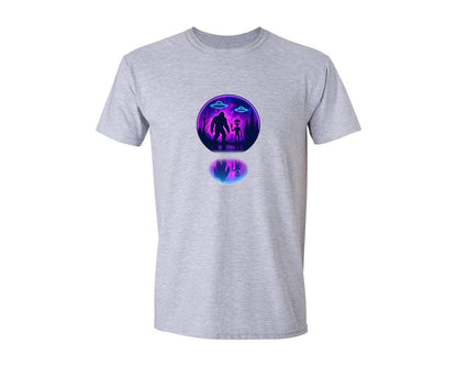 brand:Generic|color:Sports Grey / Athletic Heather|Bigfoot And Alien Ufo Neon Galaxy Graphic T-Shirt