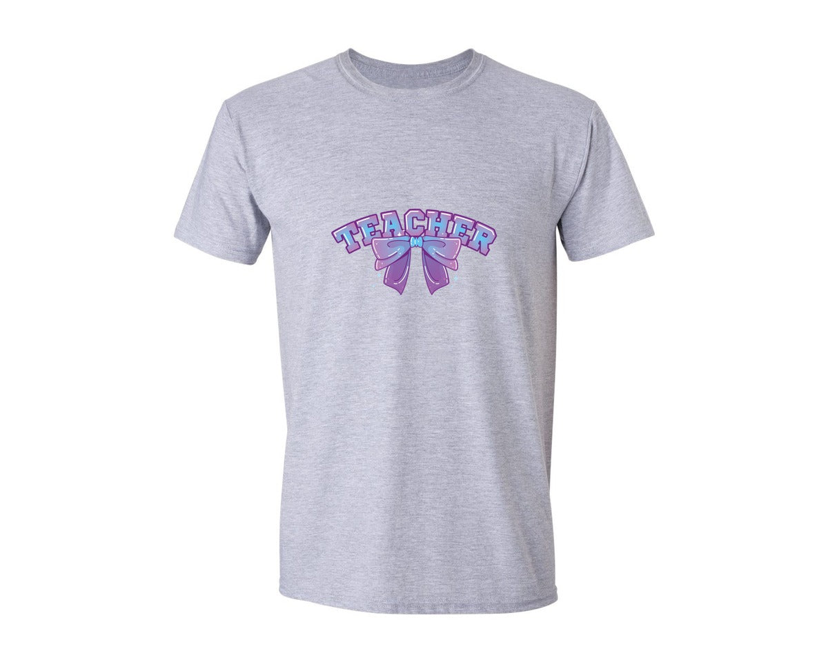 brand:Generic|color:Sports Grey / Athletic Heather|Purple Coquette Teacher Graphic T-Shirt
