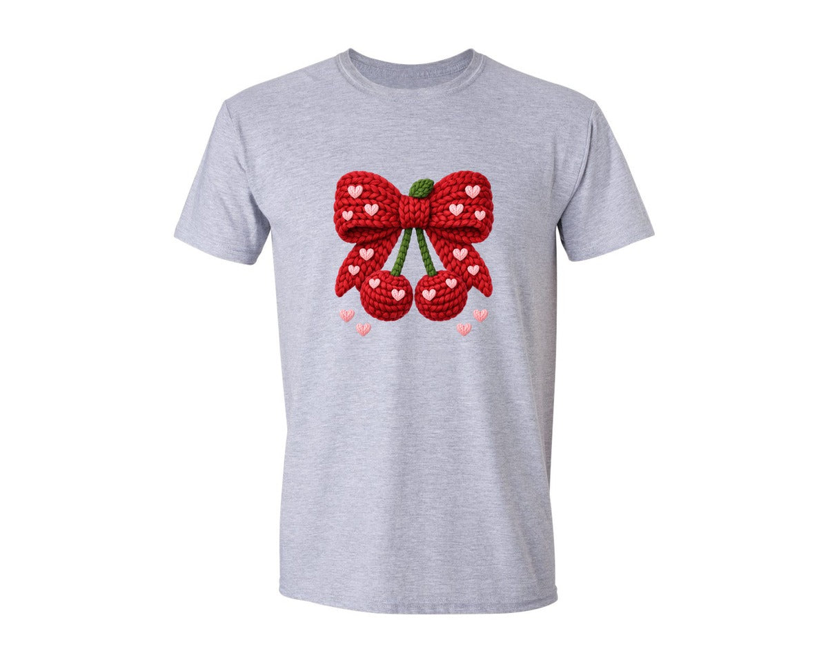 brand:Generic|color:Sports Grey / Athletic Heather|Crochet Valentine Day Cherry 2 Graphic T-Shirt