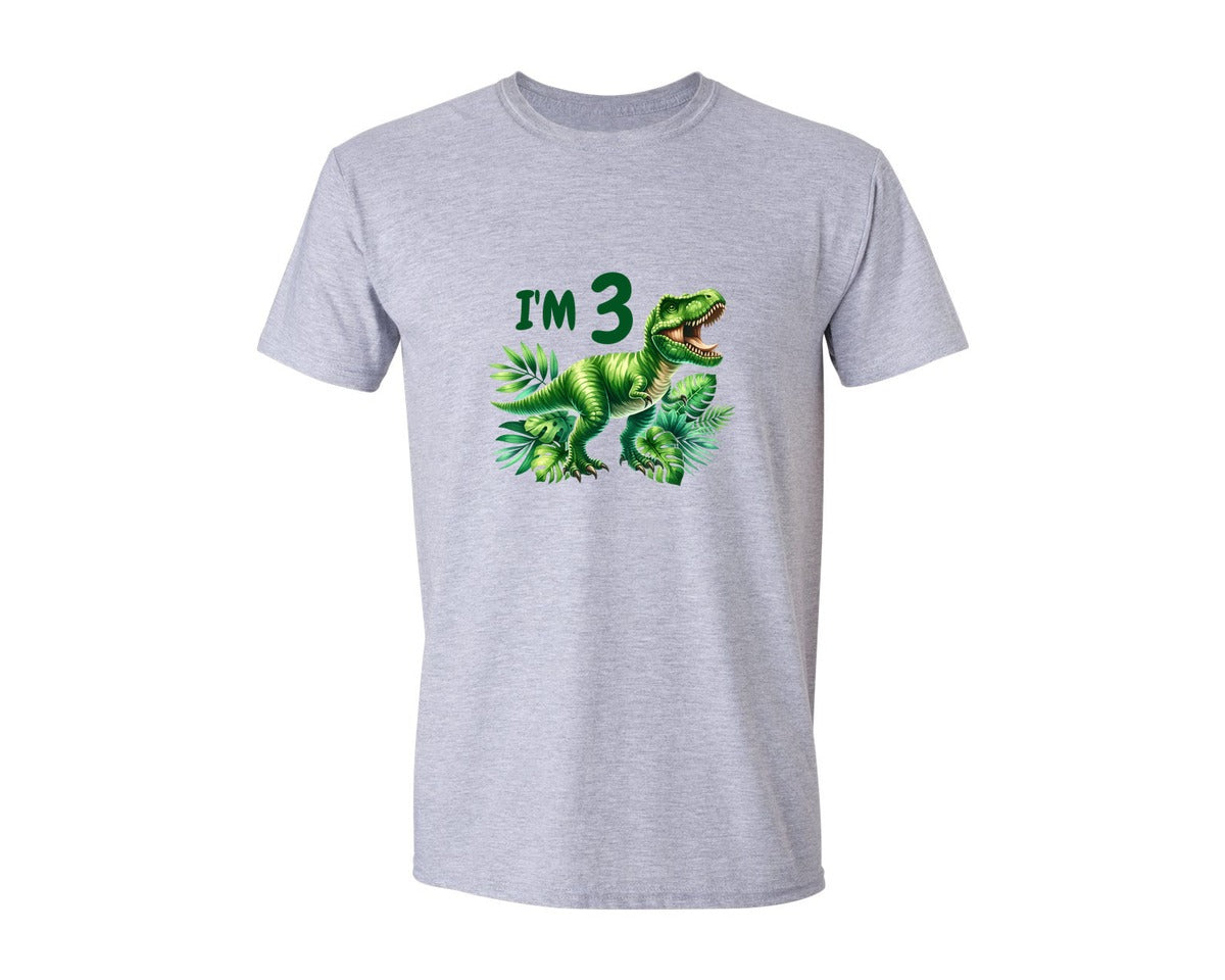 brand:Generic|color:Sports Grey / Athletic Heather|T Rex Dinosaur Kids Birthday Im 3 Graphic T-Shirt