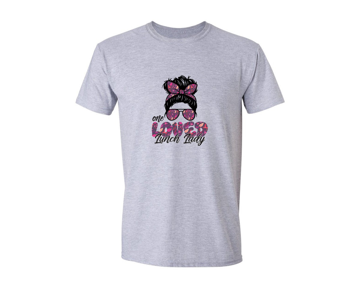 brand:Generic|color:Sports Grey / Athletic Heather|One Loved Lunch Lady Messy Bun Sunglasse Graphic T-Shirt