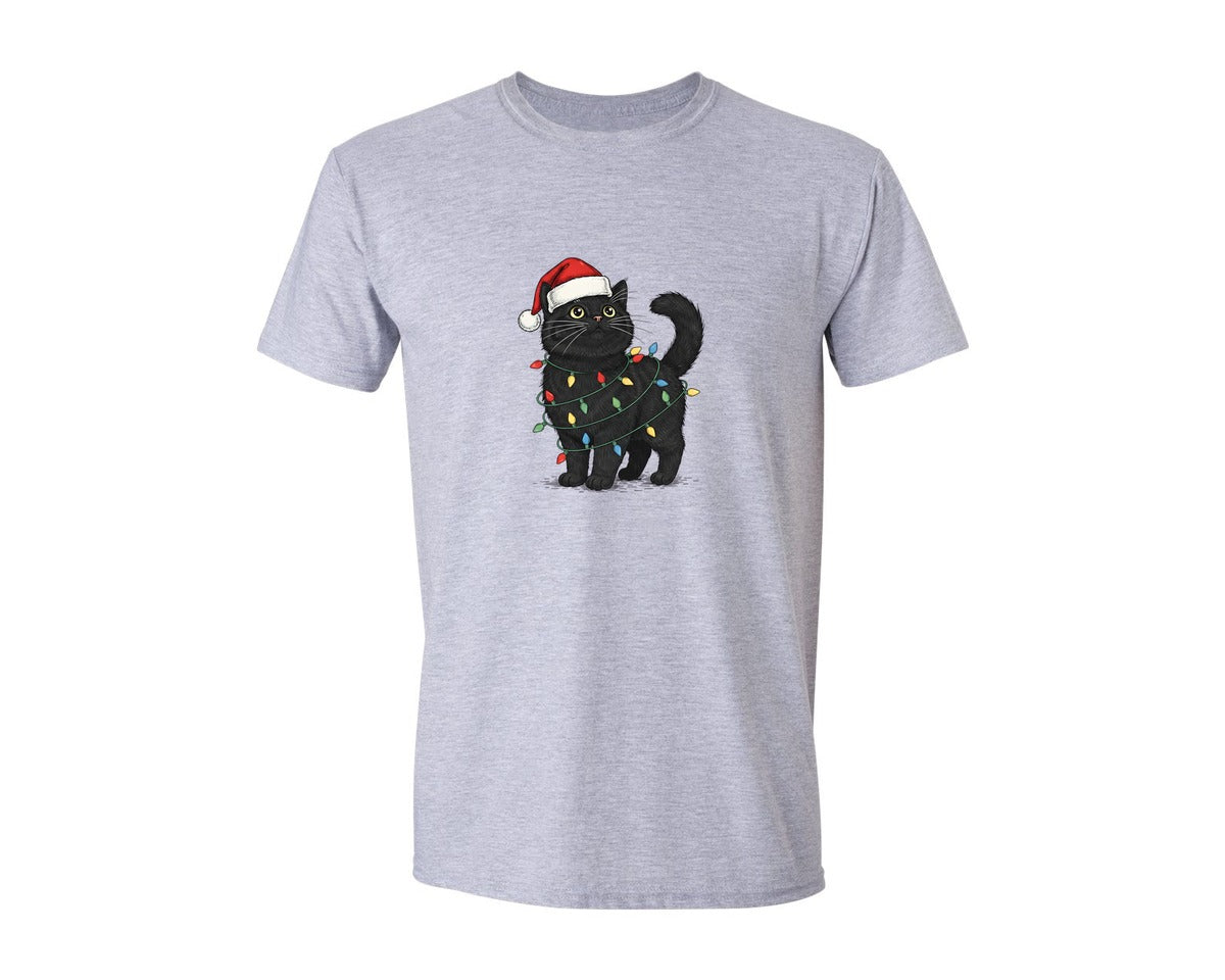 brand:Generic|color:Sports Grey / Athletic Heather|Cute Black Cat Christmas Santa Hat Graphic T-Shirt