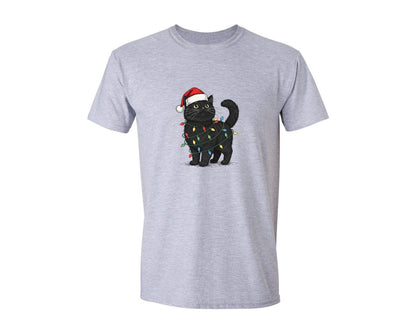 brand:Generic|color:Sports Grey / Athletic Heather|Cute Black Cat Christmas Santa Hat Graphic T-Shirt