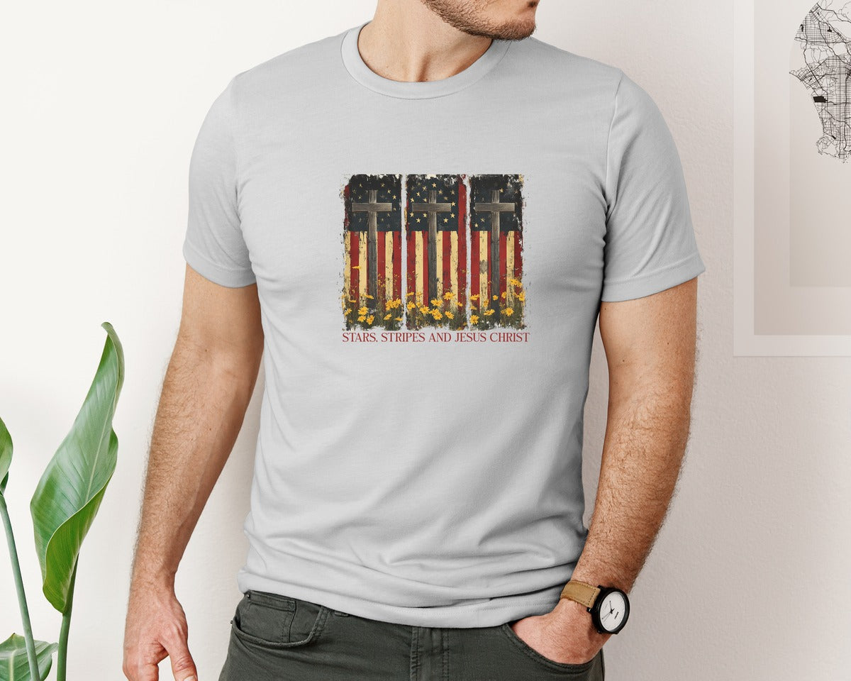 brand:Bella Canvas|color:Sports Grey / Athletic Heather|Stars And Stripes And Jesus Christ Graphic T-Shirt