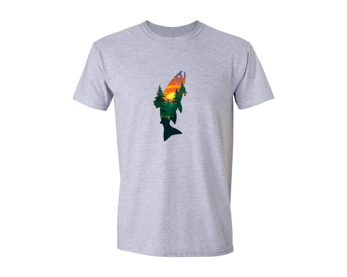 brand:Generic|color:Sports Grey / Athletic Heather|Sunset Trout Double Exposure Fish Graphic T-Shirt