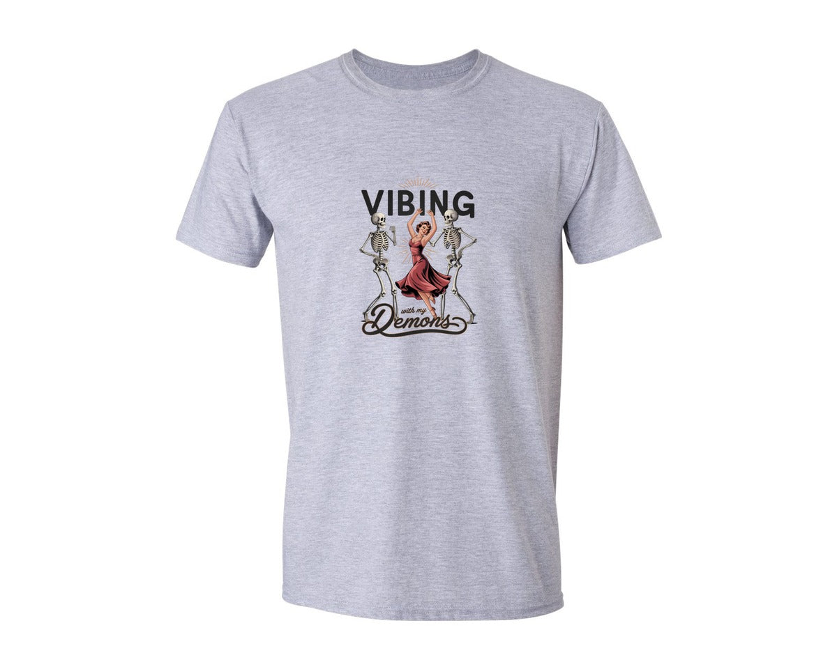 brand:Generic|color:Sports Grey / Athletic Heather|Vibing With My Demons Retro Gothic 2 Graphic T-Shirt