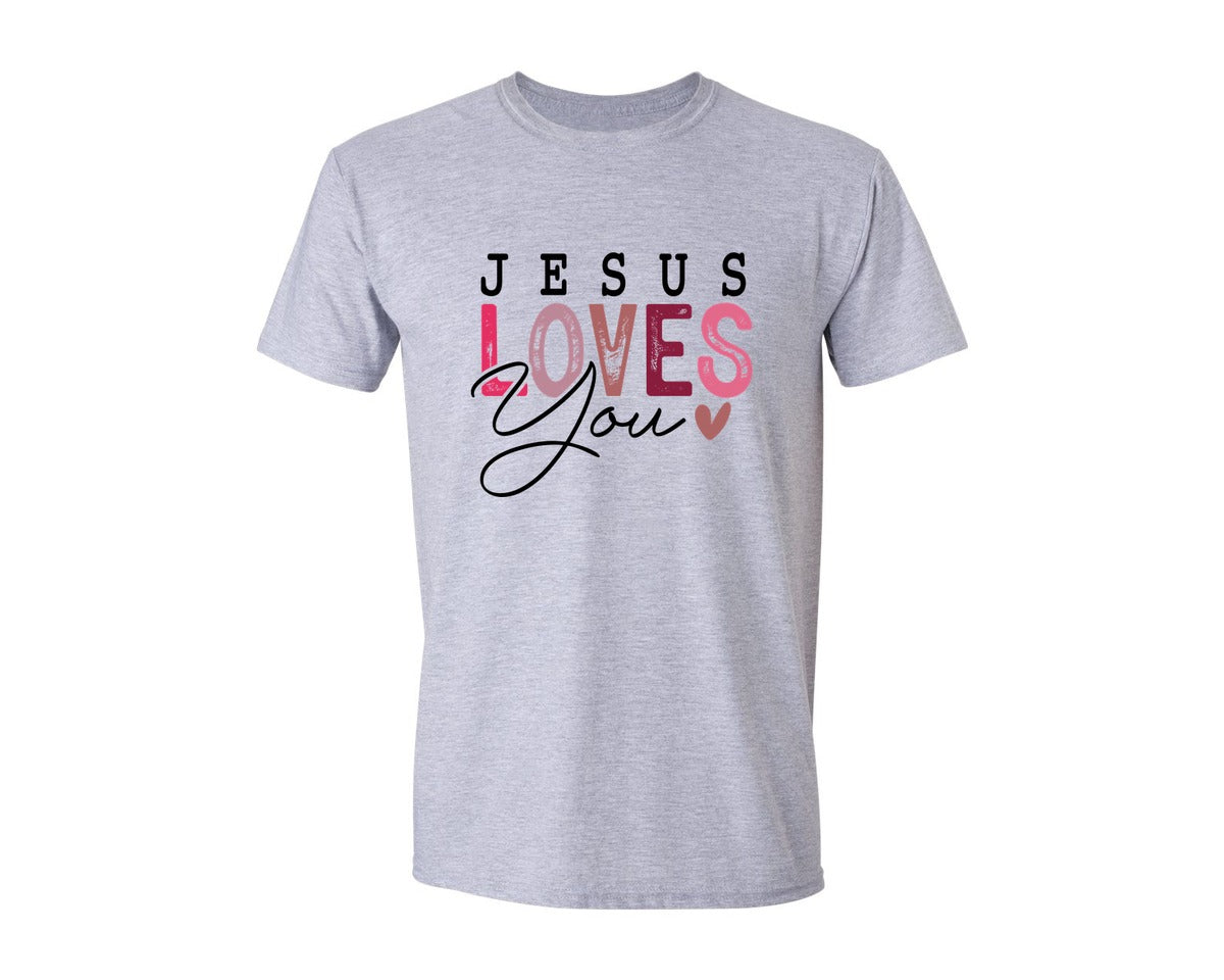 brand:Generic|color:Sports Grey / Athletic Heather|Jesus Loves You Christian Graphic T-Shirt
