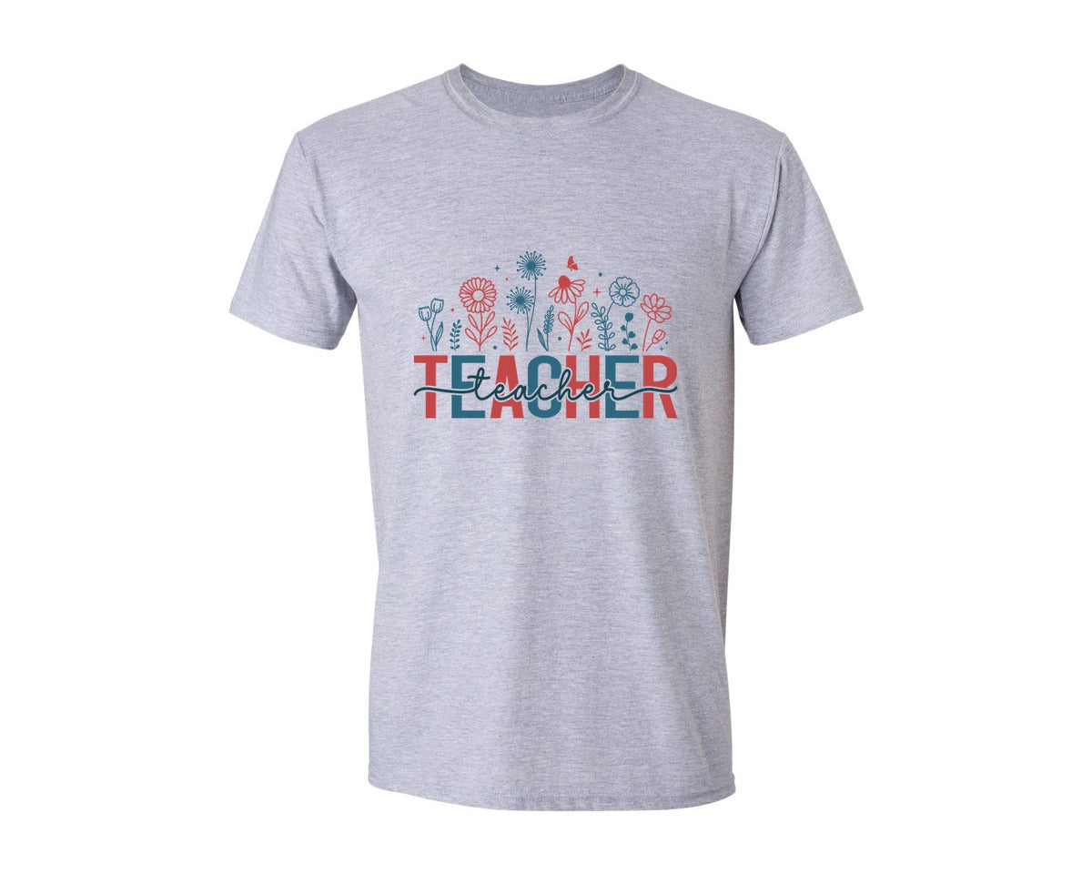 brand:Generic|color:Sports Grey / Athletic Heather|4Th Of July Teacher Floral Usa Flower Graphic T-Shirt