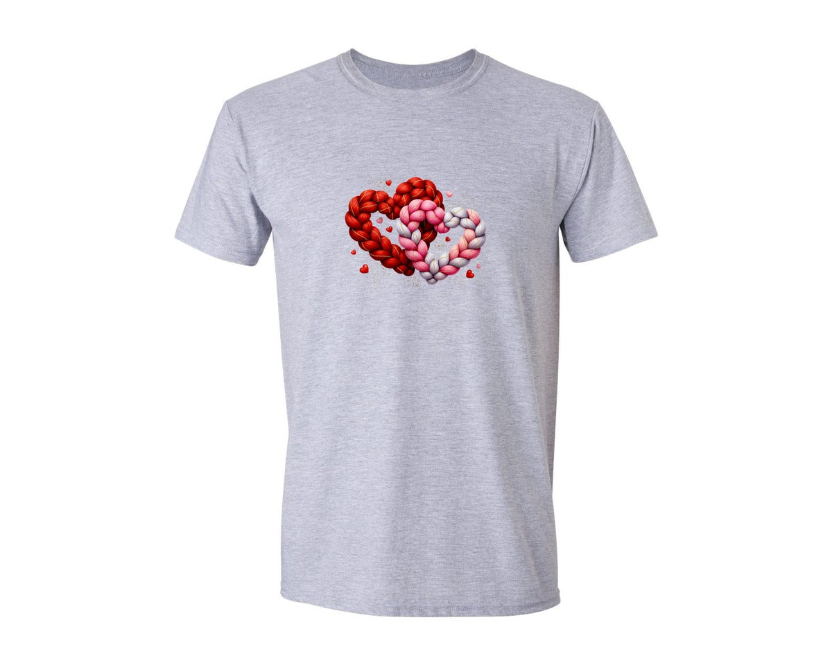 brand:Generic|color:Sports Grey / Athletic Heather|Braided Two Hearts Knit Valentine Graphic T-Shirt